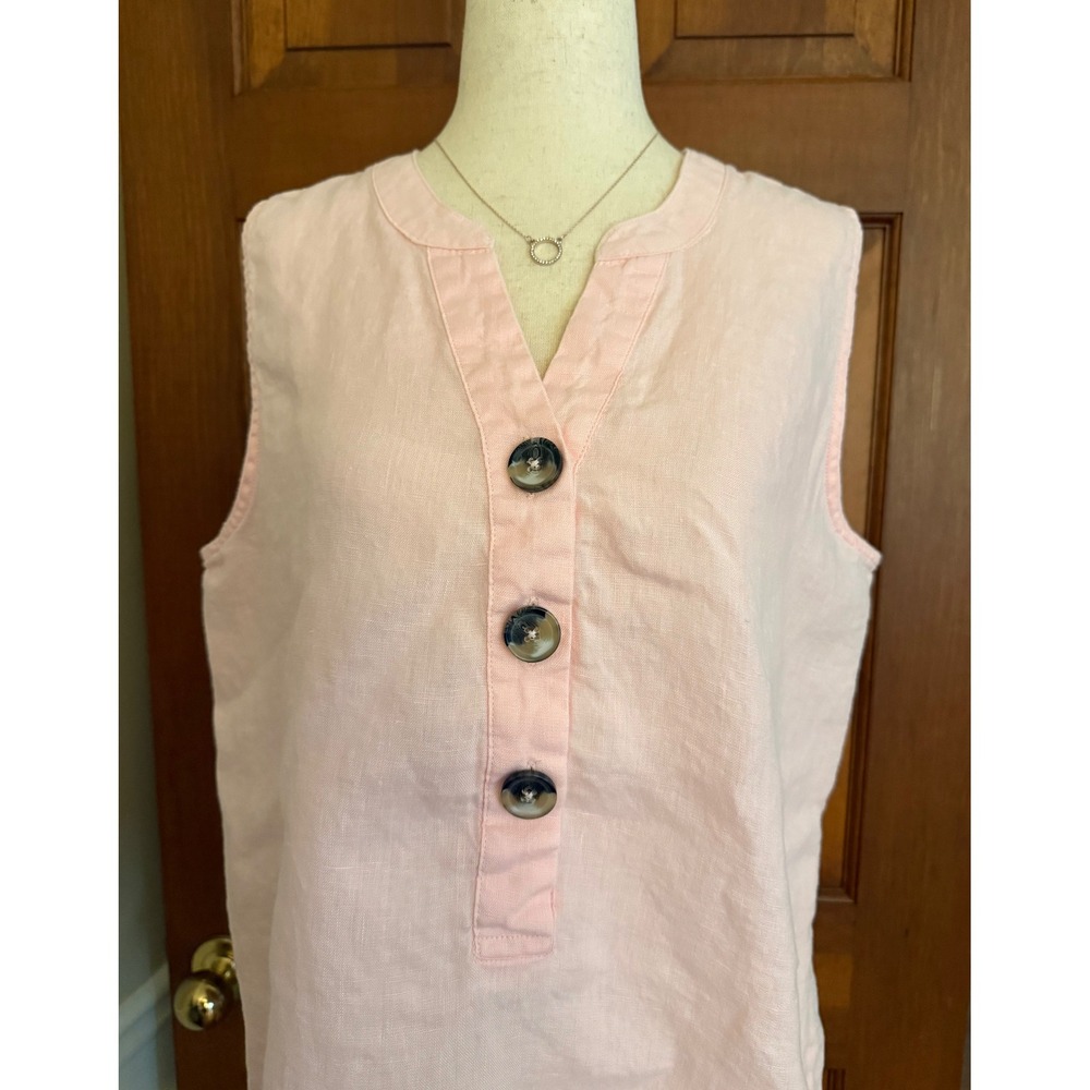 Harve Benard Sleeveless 100% Linen Shirt Womens L Pink Three-Buttonβ V-Neck